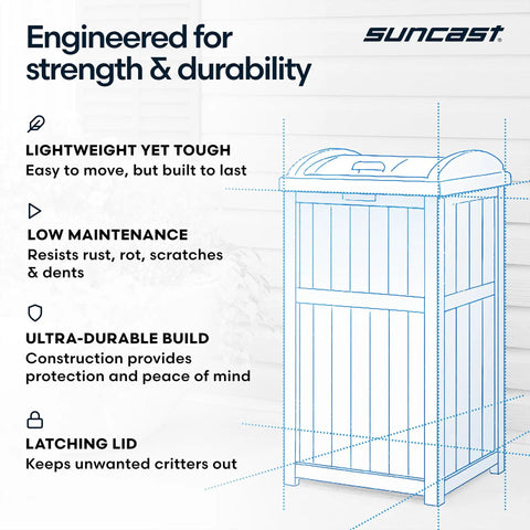 Diagram of a Suncast Hideaway Outdoor Trash Can With Lid, Resin Waste Container For Patio Garden Deck, Concealed Garbage Bin