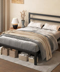 Heavy Duty Metal Platform Bed Frame With Attached Headboard And Dead Silent Construction In Premium Matte Black Finish, styled in a cozy bedroom.
