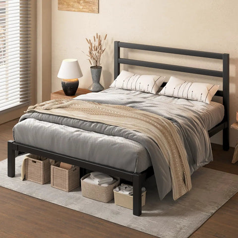 Heavy Duty Metal Platform Bed Frame With Attached Headboard And Dead Silent Construction In Premium Matte Black Finish, styled in a cozy bedroom.
