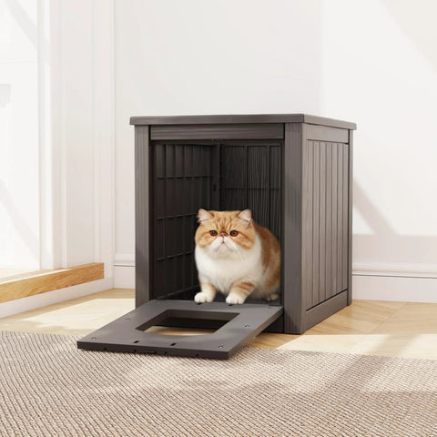 Waterproof Litter Box Enclosure For Indoor And Outdoor Cats Weatherproof Plastic Cat House with cat sitting inside on floor