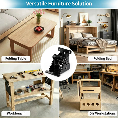 Heavy Duty Folding Brackets 4 Pack With Self Locking Hinges And Stainless Steel Screws used in folding table and bed setups.