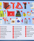 Grab And Go Emergency Car Kit With Jumper Cables For Roadside Safety, featuring tools and accessories, shown in organized grid layout.