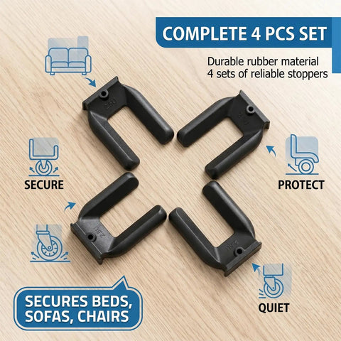 4 Pack Black Rubber Anti Slip Wheel Stoppers Lock Down Rolling Furniture With No Sweat Setup keeps beds and chairs secure on hardwood.