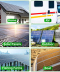 Multiple applications of solar panels including home, RV, solar farms, outdoor setups, fishing farms, and boat installations.