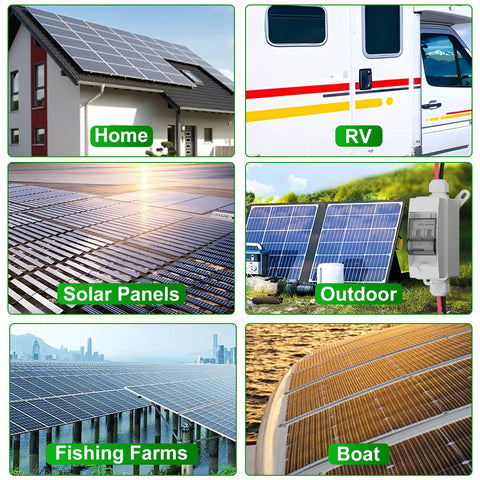 Multiple applications of solar panels including home, RV, solar farms, outdoor setups, fishing farms, and boat installations.