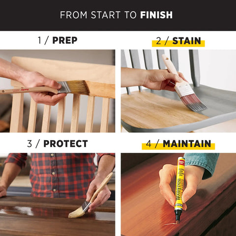 Step-by-step process using Top Shelf Oil Based Wood Stain In Special Walnut on various wooden surfaces.