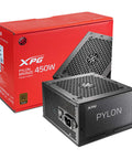 Beefy 450 Watt Computer Power Supply With 80 Plus Bronze Efficiency And Quiet 120mm Fluid Dynamic Fan For Silent Gaming Rigs and packaging.