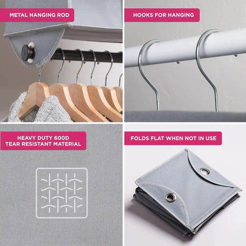 Two In One Hanging Closet Organizer With Built In Garment Rod and Four Spacious Shelves Heavy Duty 600D Fabric Features