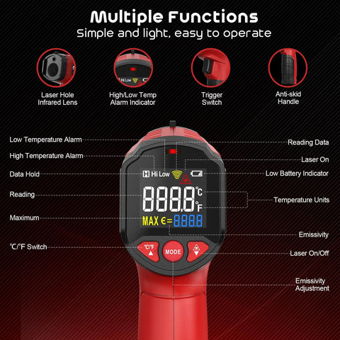 Non Contact Infrared Temperature Gun With Adjustable Emissivity And Color Backlight, Pro Grade Fast Laser Thermometer For Cooking, Pizza Oven, BBQ, Fridge, Engine, And HVAC, Reads -58F To 1112F (-50C To 600C) In 0.5s, Accurate ±2% close-up front view
