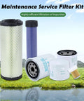 Various filters from All In One No Fuss Maintenance Filter Kit For L Series Tractors Including Air Oil And Hydraulic Filters For L2501 L2800 L3200 L3400 L3700SU L3800 HST Quick Replacement With Part Numbers HH16432430 HH3A082623 HHK7014073 TA04093230 displayed on grass with sky background.