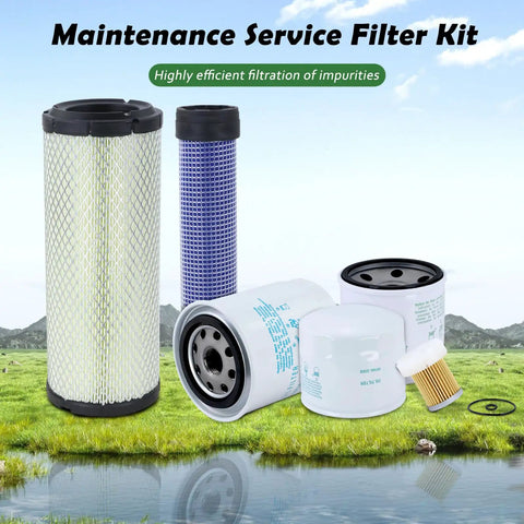 Various filters from All In One No Fuss Maintenance Filter Kit For L Series Tractors Including Air Oil And Hydraulic Filters For L2501 L2800 L3200 L3400 L3700SU L3800 HST Quick Replacement With Part Numbers HH16432430 HH3A082623 HHK7014073 TA04093230 displayed on grass with sky background.