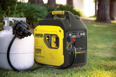 4000-Watt Dual Fuel Portable Inverter Generator RV Ready With Quiet Technology And CO Shield Auto Shutoff next to propane tank