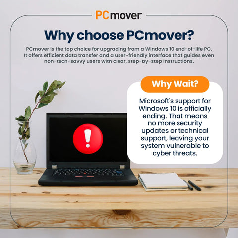PCmover Ultimate 11 Migration Tool For Your New PC Move Apps, Files, And Settings Fast With 2 Licenses, SafeErase, USB cable on desk