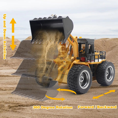 9 Channel RC Front Loader 4WD Alloy Shovel Loader Tractor lifting sand with 360 degree rotation and lights for kids aged 8 to 12