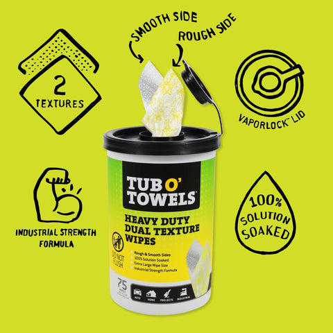 Tub O'Towels heavy-duty multi-surface cleaning wipes, 10x12 in, dual-texture canister with VaporLock lid