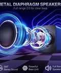 Metal diaphragm Compact USB Powered PC Speakers with 3.5mm AUX and dual 3W drivers, 360-degree stereo sound, full-range, RGB lighting.