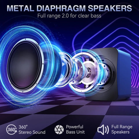 Metal diaphragm Compact USB Powered PC Speakers with 3.5mm AUX and dual 3W drivers, 360-degree stereo sound, full-range, RGB lighting.