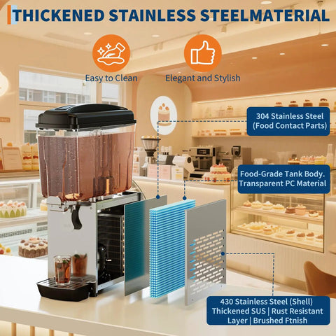 Heavy Duty Stainless Steel Single Tank Commercial Cold Drink Dispenser with transparent tank and sealed spigot for cafes.