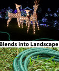 Green 50 Ft Outdoor Extension Cord Waterproof 16 AWG SJTW Flexible Cold, powering lights in a garden landscape.