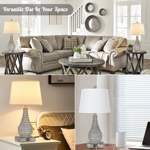 Two Rustic Vase Table Lamps For Bedroom And Living Room, Touch Activated Bedside Lamps With USB Ports, 3 Way Dimmable Nightstand Lighting, Includes 2700K Edison Bulbs, Cozy Modern Farmhouse Vibe