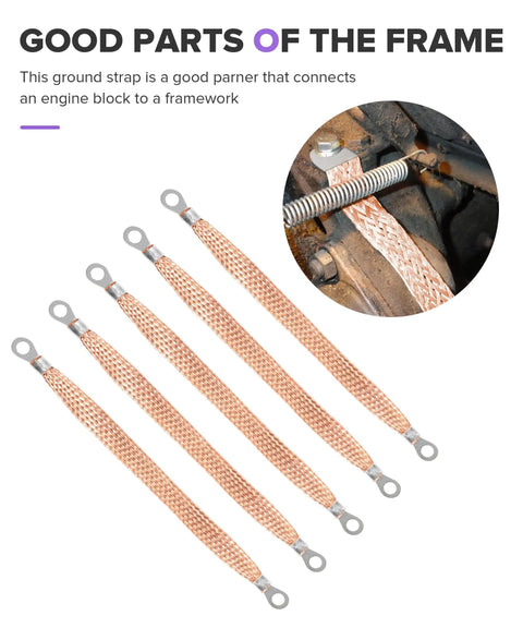 Heavy Duty 6 Pack Copper Braided Automotive Ground Straps With Terminal Plugs, showing multiple braided straps for engine connections.
