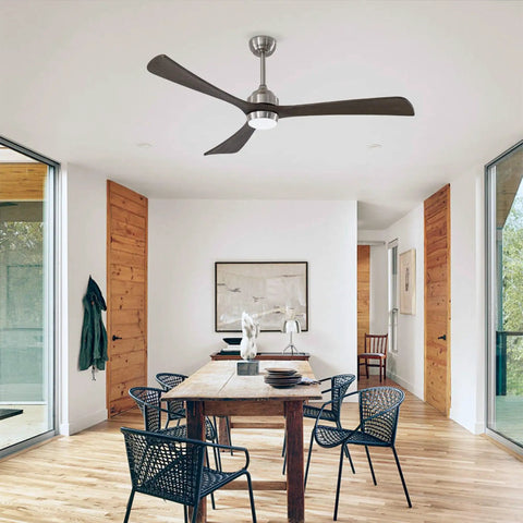 Neojoyoenix 62" 3PCS Solid Wood Blades Ceiling Fan with Lights in a modern dining area, featuring three dark wood blades.