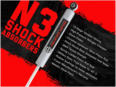 Rough Country N3 front shock absorber for Chevy/GMC 1500; silver cylindrical shock on red-black packaging