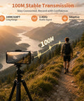 Hiker records mountain view using Mini Wireless Lavalier Microphone With AI Noise Cancellation, Dual Channel, 328ft Range, 36H Battery Case.