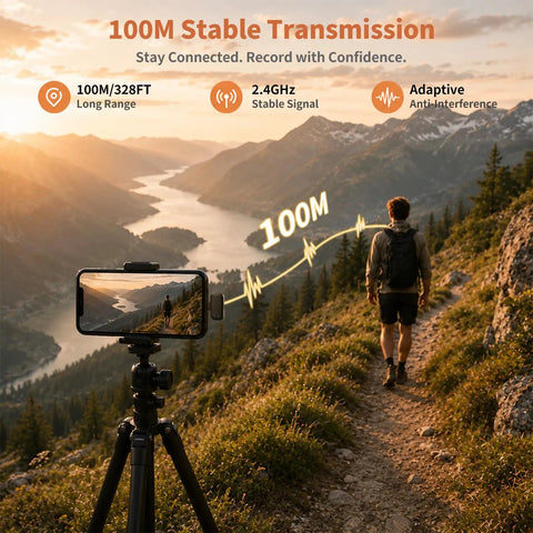 Hiker records mountain view using Mini Wireless Lavalier Microphone With AI Noise Cancellation, Dual Channel, 328ft Range, 36H Battery Case.