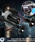 Kickin 12V Car Air Horn Kit Featuring Rip Roaring 120DB Dual Trumpets With Integrated Air Compressor Waterproof Electric Train Horn Upgrade For Tough Trucks And Rvs Matte Black Shell close-up view of the dual trumpets and compressor.