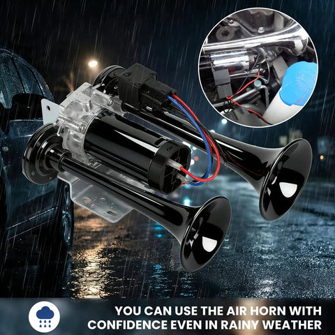 Kickin 12V Car Air Horn Kit Featuring Rip Roaring 120DB Dual Trumpets With Integrated Air Compressor Waterproof Electric Train Horn Upgrade For Tough Trucks And Rvs Matte Black Shell close-up view of the dual trumpets and compressor.