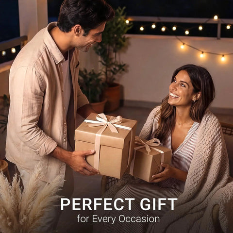 A couple exchanging gift-wrapped boxes, perfect gift slogan visible, warm ambient lighting.
