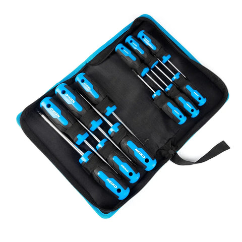 12-piece Magnetic Torx Screwdriver Set With 12 Pieces T5 Through T40 6 Point Star Heads arranged in blue pouch