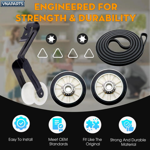 All In One Dryer Repair Kit With Drum Rollers Idler Pulley And Belt For Whirlpool Amana Maytag KitchenAid Dryers Your Go To Replacement For WED4815EW1 NGD4655EW2 showing components and features.