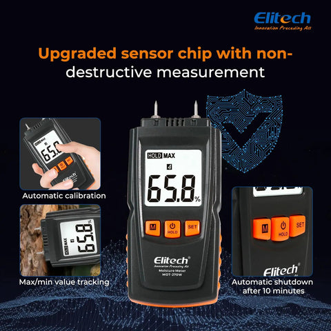 Digital Moisture Meter With Pin Probes For Water Leaks And Wood Floors And Walls, Four Wood Types And Four Material Modes, Auto Calibration At Startup, Hold Function, And Max Min Readings For Quick No Fuss Moisture Checks.
