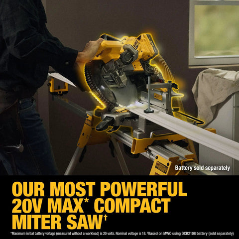 20V Max XR 10 Inch Double Bevel Fixed Miter Saw Tool Only with Bevel Gear Transmission cutting wood on stand