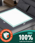 Heavy Duty Extra Large Incontinence Bed Pads With Super Absorbent Core And Strong Adhesive Strips on bed, 36x30 inch size shown.