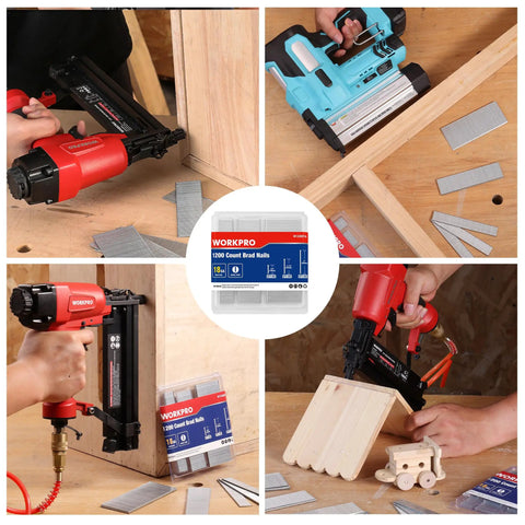 Top Shelf 18 Gauge Brad Nails 1200 Count Zinc Plated Steel Pins being used with tools to secure wood pieces for repairs and projects.