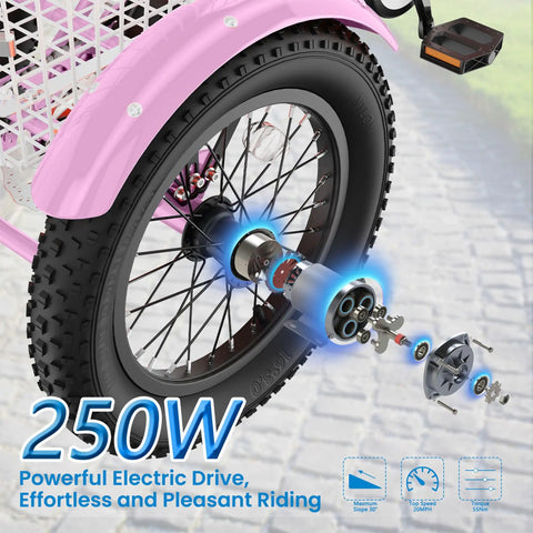 16 Inch Electric Tricycle for Teens, 250W 3 Wheel Bike with Lightweight 6061 Aluminum Frame, Low Step-Through Design, Safety Certified for Quality and Easy Riding. Pink 250W rear wheel and motor assembly
