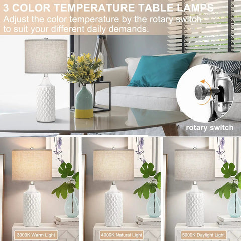 Two Pack 25 Inch White Ceramic Table Lamps For Bedroom And Living Room With 3 Color Temperatures Coastal Farmhouse Nightstand Lamps With Soft Linen Lampshades And Included LED Bulbs