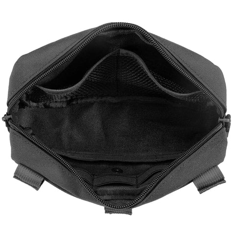 Open view of Tactical Molle Admin Pouch With Laser Cut PALS Panel Horizontal EDC Tool Bag expandable pockets in black