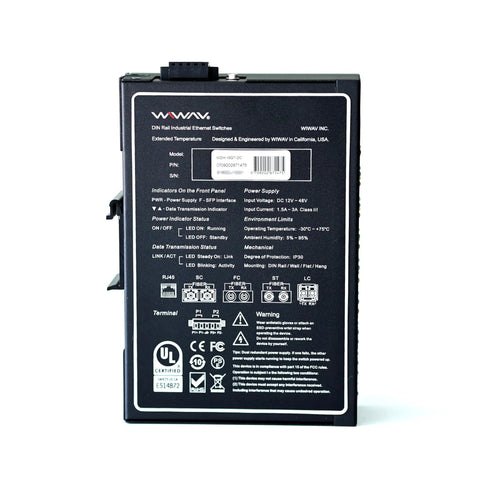 Back view of Industrial 16 Port Gigabit Unmanaged Ethernet Switch With Plug And Play Setup showing technical specifications and UL listing.