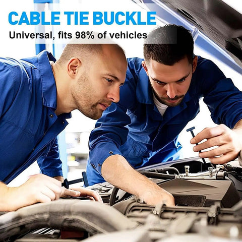 Two mechanics using 120 Pcs Nylon Cable Tie Buckle Zip Tie Automotive Clips Universal Self Locking Fasteners under car hood.