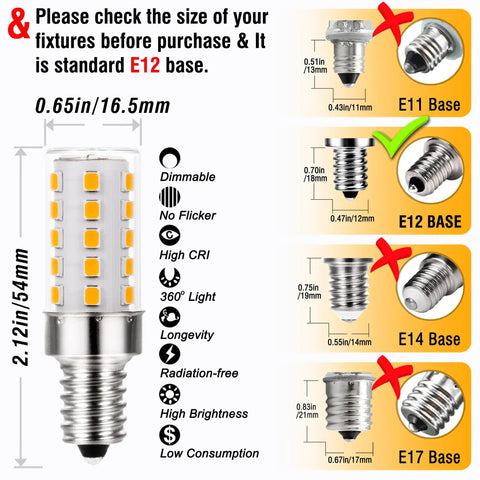 Image showing Super Bright Dimmable E12 C7 LED Bulbs in Warm White 2700k with E12 base size comparison chart.