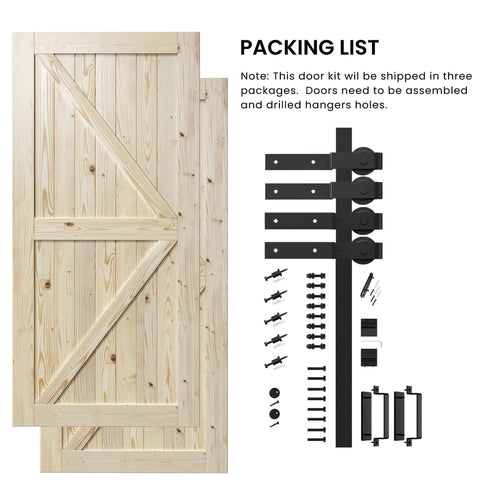 Double 40x84 Inch Bypass Barn Door with 7 Ft Track Hardware Kit Included, unfinished solid wood panels and hardware shown