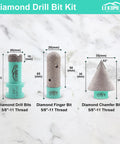 Pro Grade Heavy Duty Diamond Core Drill Bits and Chamfer Bit Set for Porcelain Tile Ceramic Marble Brick Concrete Three Piece Includes 20mm and 35mm Bits for Dry or Wet Drilling Five Eighths Eleven Thread shown with drill bit sizes and threads labeled.