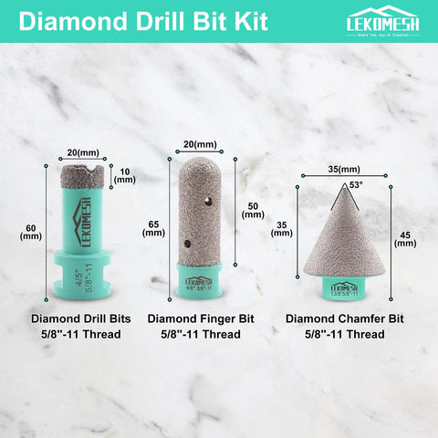 Pro Grade Heavy Duty Diamond Core Drill Bits and Chamfer Bit Set for Porcelain Tile Ceramic Marble Brick Concrete Three Piece Includes 20mm and 35mm Bits for Dry or Wet Drilling Five Eighths Eleven Thread shown with drill bit sizes and threads labeled.
