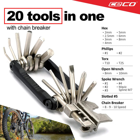 Pro Grade 20 Function Bike Tool With Chain Breaker, Heavy Duty Bicycle Multi Tool, CR-V 6150 Steel, shown with tool details.