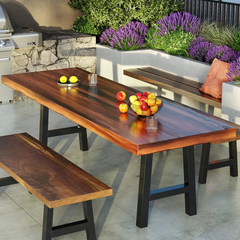 Dining table with X Shaped 16 Inch Iron Table Legs Set Of 2 For DIY Dining And Coffee Tables, benches in a garden setup