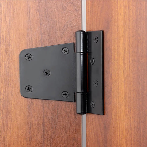 Heavy Duty Black Iron Hinges For Outdoor Barn Shed And Fence Gate Wood Doors 4.5 Inch secured on wood door with screws.